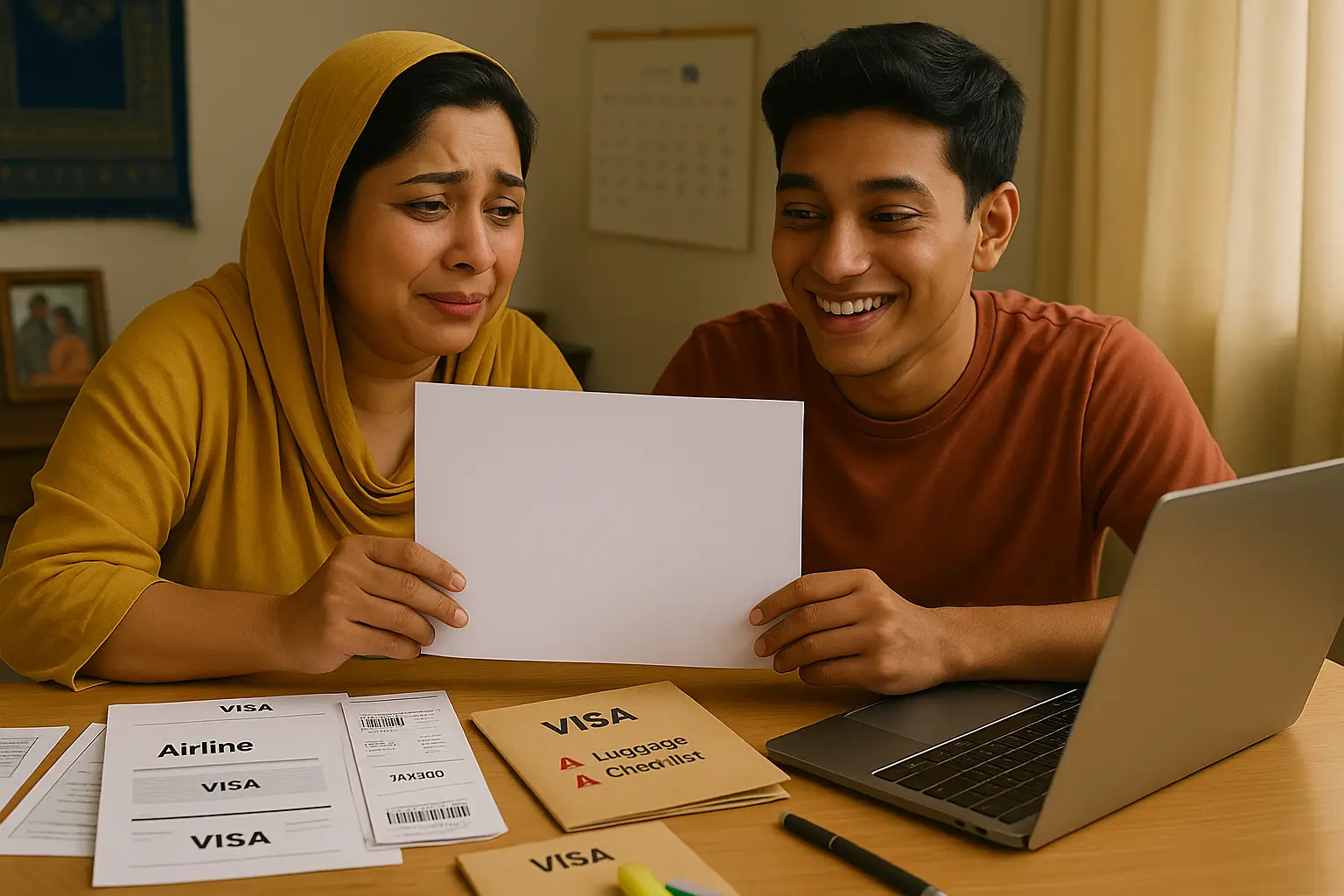A male student showing his Visa Arrival Letter to his mom